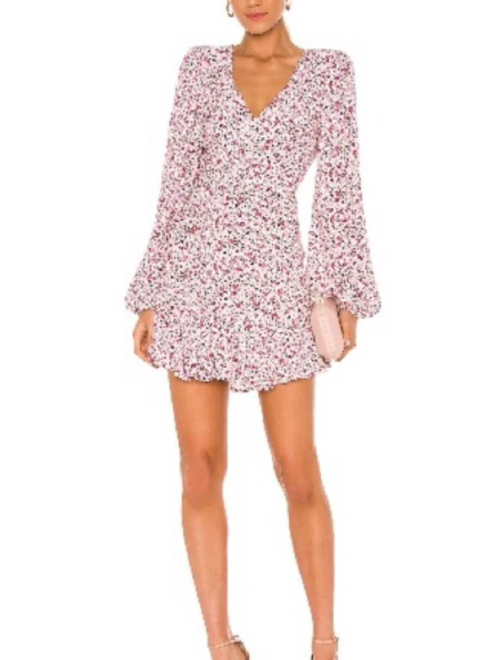AFRM Pink Floral V-Neck Long Sleeve Mini Dress
